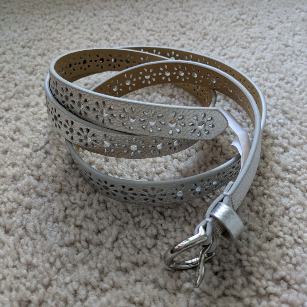 NWOT Talbots Leather Silver Metallic Floral Cutout Belt Sz XL